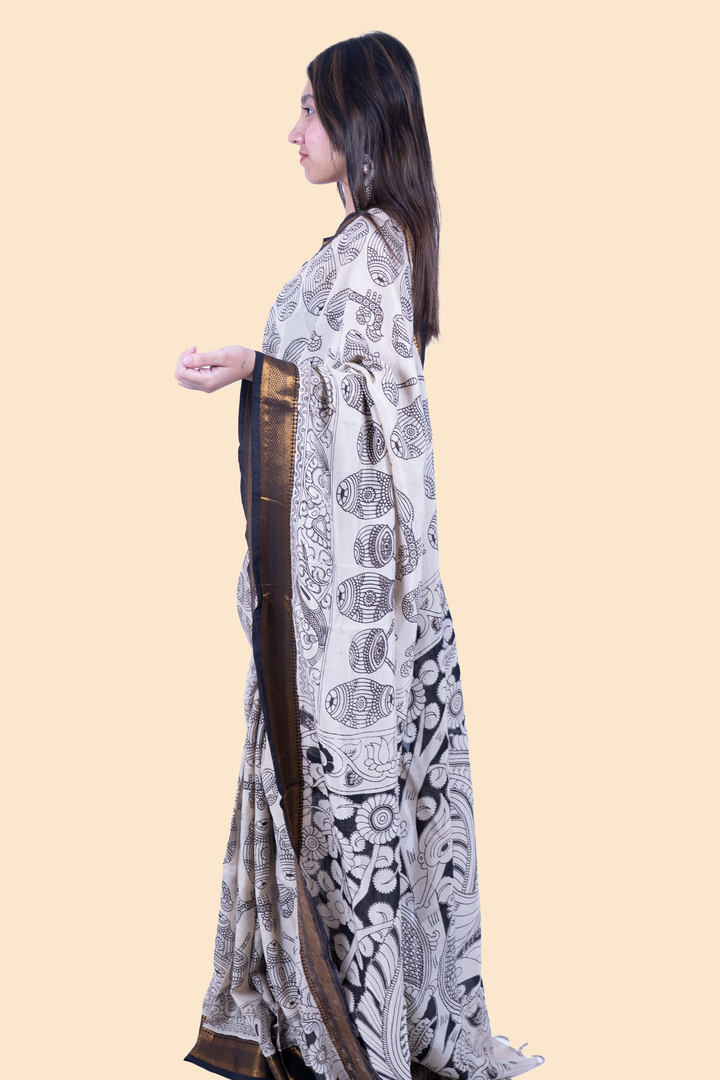 Kalamkari Saree with blouse- Outline Design with Music Motifs - Floral Black Border Saree