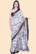 Load image into Gallery viewer, Kalamkari Saree with blouse- Outline Design with Music Motifs - Floral Black Border Saree
